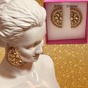 Betsey Johnson Gold-Yellow Crystal Lemon Slice Shaped Post Earrings-Gift Boxed